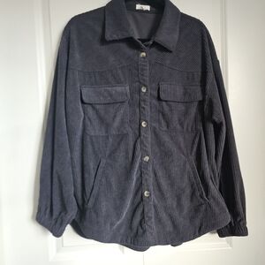 Women's Corduroy Button-Up Jacket Shirt Shacket Pockets Grey Sz M-L